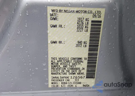 2017 Nissan Altima 2.5/2.5 S/2.5 Sl/2.5 Sr/2.5 Sv from USA, damaged, VIN 1N4AL3APXHC126567